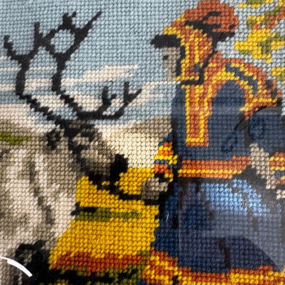 Vintage Scandinavian/Nordic Folk Art Crewel Reindeer Herder 15 x 20 Frozen Sven - Picture 3 of 6